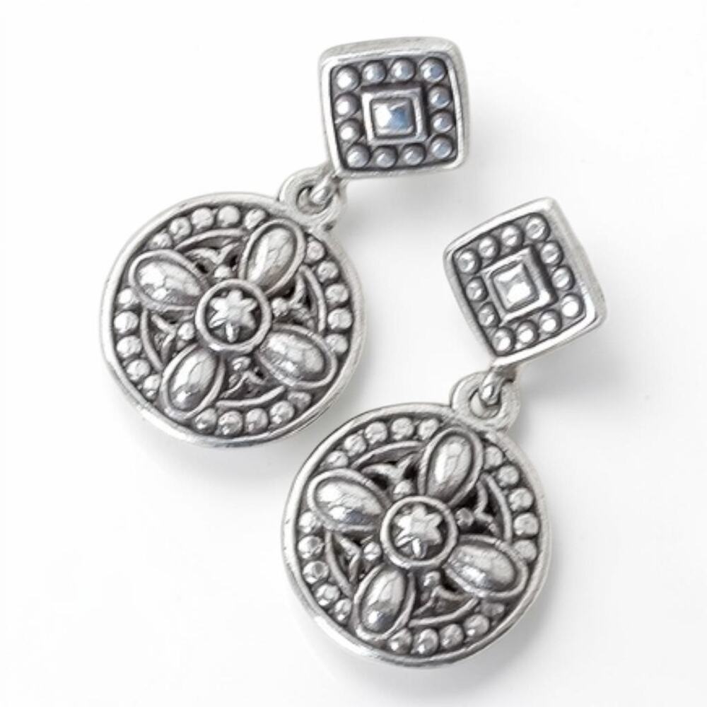 Brighton Delia Floral Round Drop Earrings Square Stud Silver Plated Retired